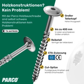 PARCO Flat Head Screws 6 x 100 mm, Pack of 100 TX30 Galvanised, Cut Tip, Wood Screws for Constructions, German Quality with ETA Approval