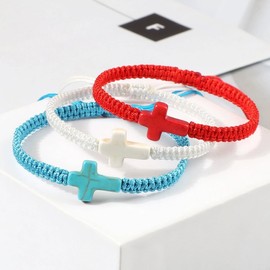 ChungLong0593 3PC Colorful Hand-Woven Cross Prayer Bracelet Couples Pairing Protection Bracelet Inspiring Christian Gifts - Red, White and Blue