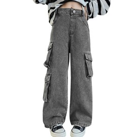 Girls Grey Multi-Pocket Cargo Jeans Baggy Waist Wide-Leg Jeans, B1-Gray, 5-6 Years = Tag 120