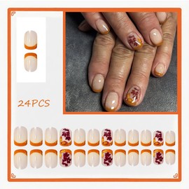 24Pcs Fall French Tip Press on Nails Short Square Fake Nails Thanksgiving False Nails with Maple Leaves Design Artificial Acrylic Nails Press ons Autumn Full Cover Reusable Stick on Nail for Women