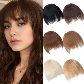 BUYOGET Clip in Fringe 100% Human Hair Pieces Medium Brown Fringe Clip in Hair Choppy Clip on Bangs