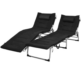 Giantex Lounge Chair Chaise Lounger, Beach Recliner with Mattress, 4 Adjustable Reclining Position, Pillow, Side Pocket for Beach, Sunbathing, Patio, Pool, Lawn, Deck Folding Camping Cot (2, Black)