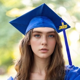 Misscom Unisex Matte Graduation Cap with 2024 2025 Year Charm for Adult Middle High School and Bachelor Royal Blue