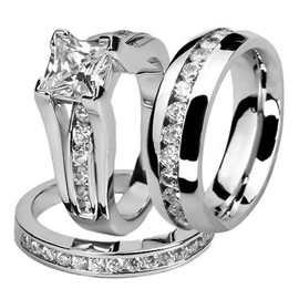 Marimor Jewelry His and Hers Stainless Steel Princess Wedding Ring Set and Eternity Wedding Band Women's Size 07 Men's 06mm Size 10