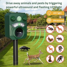 Deer Repellent Device Cat Repellent Outdoor Dog Repellent for Yard Solar Animal Repeller Ultrasonic Squirrel Repeller Waterproof Racoon Fox with Motion Activated Sensor Flashing Light 5 Modes