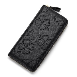 CHAMESH Women's Long Wallet, Genuine Leather, Anti-Skimming, Quatrefoil Flower Pattern, Stylish, Black