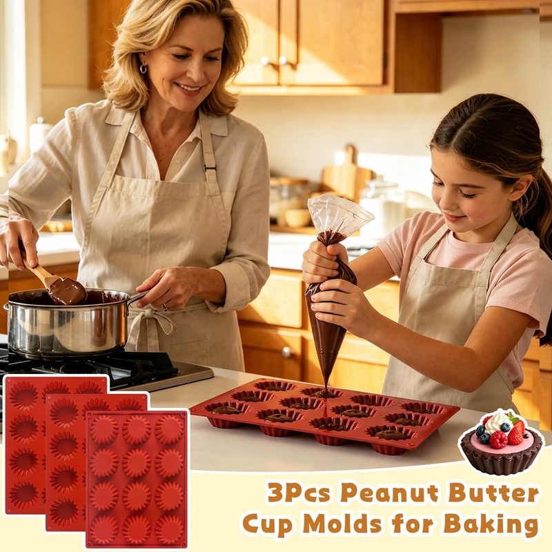 Wilewir 3Pcs Peanut Butter Cup Molds for Baking, Non-Stick Silicone