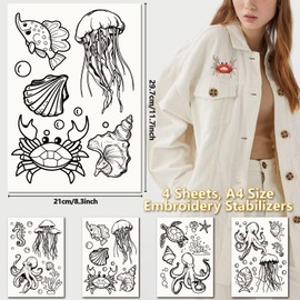 CRASPIRE 21Pcs Sea Animal Water Soluble Embroidery Stabilizers Marine Animal Jellyfish Turtle Hand Sewing Stick and Stitch A4 Transfers Fabric Wash Away Self Adhesive for Cloth Sewing Lovers