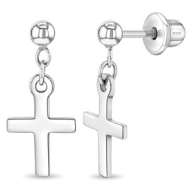 925 Sterling Silver Kids Small Cross Dangle Earrings with Locking Safety Screw Back for Young Girls & Preteens - Religious Earrings