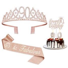 Juesly 90th Birthday Decorations Women, Including Crown/Tiara, Sash, Cake Topper and Candles, Happy 90th Birthday Decorations for Women