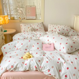 Nyescasa Strawberry Bed Linen 135 x 200 cm Girls Children Pink White Strawberry Bedding Set Soft Microfibre Kawaii Duvet Cover with Zip and Pillowcase 80 x 80 cm