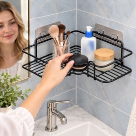 1PC Wall Mounted Non-Perforated Metal Triangle Storage Rack for Bathroom Toilet Shower Area Washbasin Organization