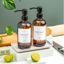 Vine Creations Amber Glass Soap Dispenser, 2 Pack Kitchen Soap Dispenser Set with Ceramic Tray, Stainless Steel Pump, Dish Soap Dispenser for Kitchen, Hand Soap Dispenser with Waterproof Labels