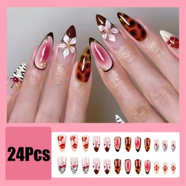 24Pcs French Tip Press on Nails Medium Almond Fake Nails Leopard Print Full Cover Glue on Nails Spring False Nails Lily Flower Charms Artificial Acrylic Nails Cute Cherry Stick on Nails Kit for Women
