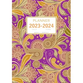 Planner July 2023-2024 June: A4 Weekly and Monthly Organizer | Indian Paisley Floral Design Purple