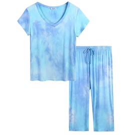 Joyaria Womens Ultra Soft PJs Summer Lightweight Cooling Short Sleeve Capri Viscose Made from Bamboo Pajamas Petite (Tie-Dye, Small)