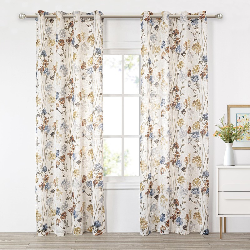 MYSKY HOME Linen Curtains for Living Room Floral Patterned Semi