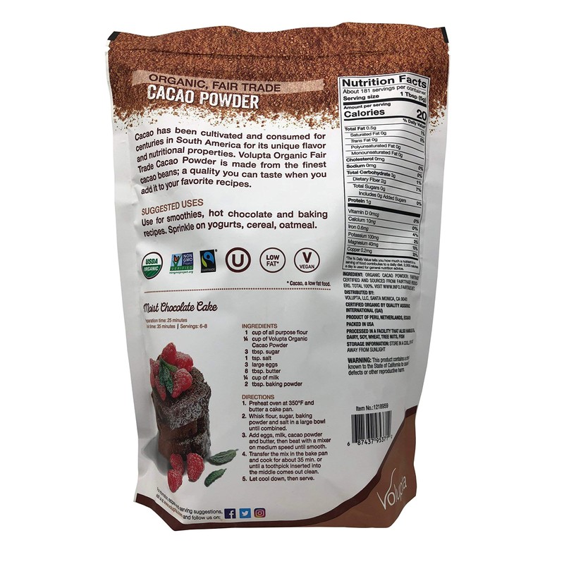 Volupta Organic & Fair Trade Unsweetened Super Food Cacao Powder,