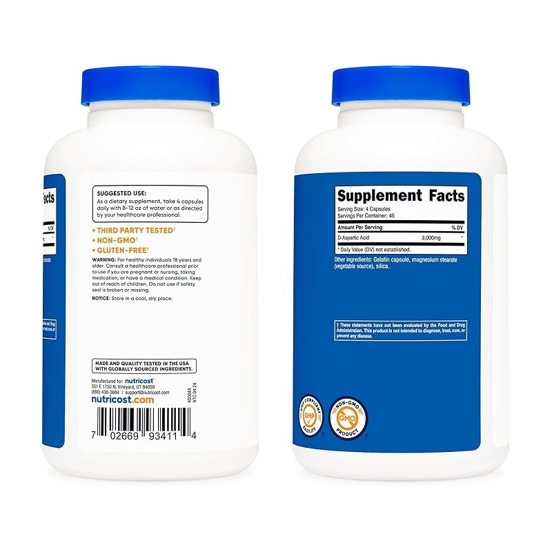 Nutricost D-Aspartic Acid (DAA) Capsules 3000mg Per Serving (180 Capsules)