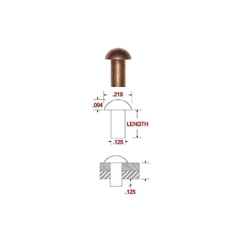 1/8" Dia. X 1" Length Copper Solid Rivet, Round Head,