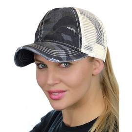 C.C Ponycap Messy High Bun Ponytail Adjustable Mesh Trucker Baseball Cap Hat, Camo Black