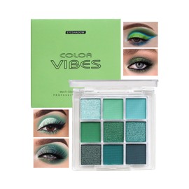 Green Eyeshadow Palette, Glitter Eyeshadow Cosmetics, Glitter and Matte Waterproof Eyeshadow Palette, Green Forest Eyeshadow, 9 Colors, Glitter and Matte, Non-Fadeable