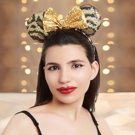 Tgirls Christmas Mouse Ears Headband Shinny Bow Hair Hoop Snowflake Sequins Ears Mouse Headwear for Women Girls Costume Party Birthday Hair Accressories (D)