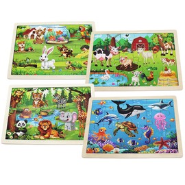 Set of 4 Packs Wooden Animals 24-PC Jigsaw Puzzles Wood Jigsaw Puzzles for Kids 3+ Years up Preschool Educational Puzzles Boards Toys Gifts
