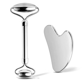 Opeisiio Stainless Steel Face Roller & Gua Sha Set - Anti-Aging Facial Massage Tools for Skin Tightening, Puffiness Reduction, Neck & Eye Rejuvenation - Hygienic Metal Home Skincare Tools