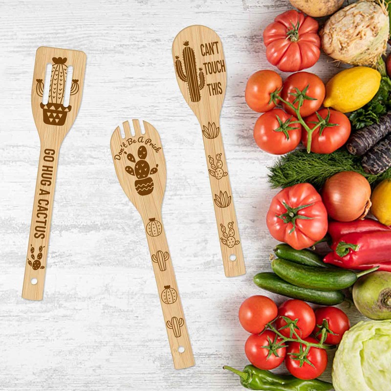 GLOBLELAND 6Pcs Owl Bamboo Cooking Utensils Wooden Engraved Cooking Spoons