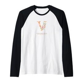 WOMENS LETTER 'V' INITIAL WATERCOLOR DUSTY PINK ROSE FLOWER Raglan Baseball Tee