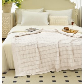 ATMOSURELY Ultra Soft Checkered Cable Knit Throw Blanket Cozy Plaid Knitted Blanket Lightweight Warm Woven Farmhouse Blanket All Seasons for Sofa Bed Couch Camping Travel 50x60 Inches (Beige, 50"x60")