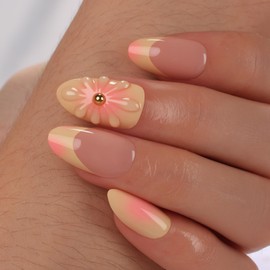 Mivota Almond Press On Nails Floral– French Tip Yellow Pink Gradient with 3D Flowers & Gold Studs, 24PCS Glossy Acrylic Stick On Nails Kit with Glue & Tools, Reusable Fake Nails for Women