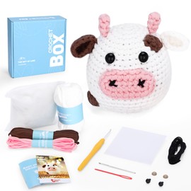 CROCHET BOX Crochet Kit for Beginners: Starter Amigurumi Cow Crochet Kit, Including Step-by-Step Video Tutorials, Instruction, Hook, Accessories, Surprise Birthday Gift for Adults