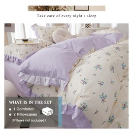 VM VOUGEMARKET Twin XL Comforter Set Twin,Garden Botanical Lavender Flower Bedding Set,Lace Ruffle Comforter and 2 Pillow Shams for Girls Women(3pcs,Twin XL)