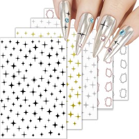 HNUIX Nail Stickers - 3D Star, Self Adhesive Nail Decals, Multi Colour, 8 Sheets, for Nail Art
