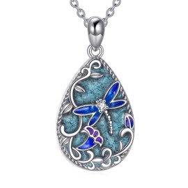 YAFEINI Dragonfly Necklace S925 Sterling Silver Turquoise Dragonfly Teardrop Pendant Necklace Animal Jewelry Gifts for Women Female