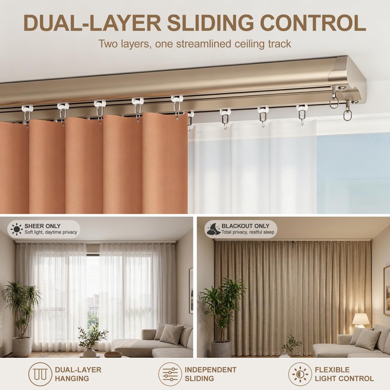 Double Curtain Track Ceiling Mount Silent Smooth, Aluminum Construction, Ideal