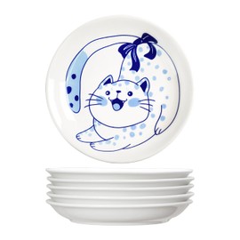 Bicuzat Blue and White Porcelain Vintage Cats Pattern Dessert Plates, Appetizer Plates, Snack Plates Set, Seasoning Dishes, Side Dishes, Saucer Dipping Bowls, 6 PCS-Blue Cats-5 Inch