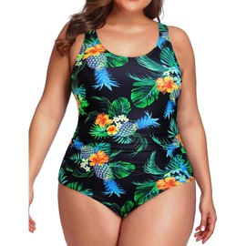 Daci - Traje de baño de una pieza para mujer, talla grande, con control de abdomen, fruncido, con espalda en U, negro (Black Pineapple), Large