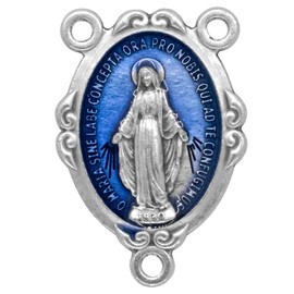 abalorio de centro de rosario de medalla milagrosa | Tono azul o plateado | Ideal para rosarios, joyas y coronillas | Suministros de manualidades religiosas católicas | Devocional de Madre María, Metal, Sin gemas.