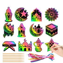 24 Pcs Ramadan Ornament Ramadan Party Favor, Eid Mubarak Party Gift Eid Craft Kit, Rainbow Scratch Paper Art Eid Mubarak Craft Kit Eid Mubarak Hanging Decoration Ramadan Kareem Moon Star Paper Pendant