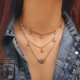 Cimenexe Bohemian Paved Evil Eye Pendant Necklace Layered Star Dangle Necklace Choker Gold Crystal Chain Necklace Waterdrop CZ Choker Necklace Jewellery for Women and Girls