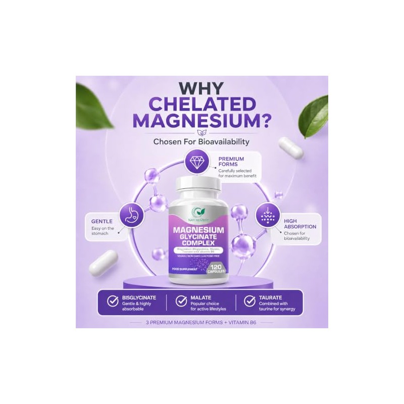 Magnesium Glycinate Complex -120 Capsules -Magnesium Glycinate Bisglycinate, Malate, Taurate