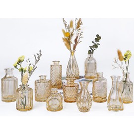 UPBUD Amber Glass Bud Vases Set of 12, Gold Mini Flower Vase for Centerpieces, Small Vases in Bulk for Wedding Decorations, Vintage Vase for Table, Recepetion, Home Décor