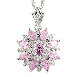 Riva Flower Pendant with 46 cm Chain and Round Cut Gemstone Cubic Zirconia CZ [4 Colours Available] in 18K White Gold Plated, Simple Modern Elegance, Brass, metal, Cubic Zirconia