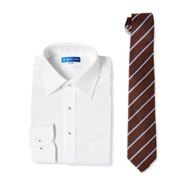 SmartBiz Men's Shirt, Lifetime No-Iron Knit Shirt, Silk Blend Tie Set, 5. White shirt brown tie set