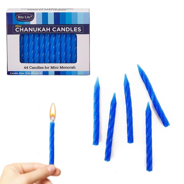 Blue Hanukkah Candles by Rite Lite | Mini Pack of 44 Menorah Chanukah Candles Value Gift Set | Premium Quality Wax Jewish Holiday Party Favors Gifts, Decorations for All 8 Nights!