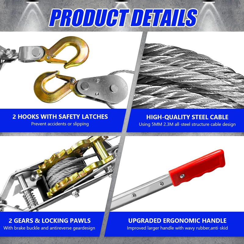FITHOIST Come Along Winch 2-Ton (4400 Lbs) Pulling Capacity 7.54Ft