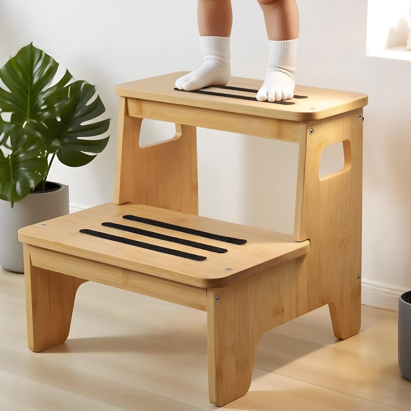 Wooden Step Stools for Kids, Heavy Duty Bamboo 2-Step Stepping